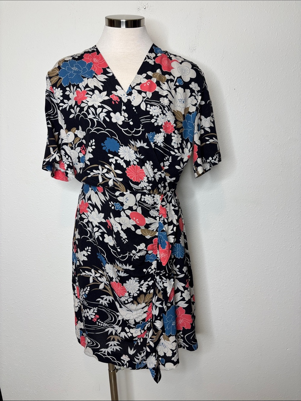Navy Floral Wrap Mini Dress with Pink & Blue Blooms